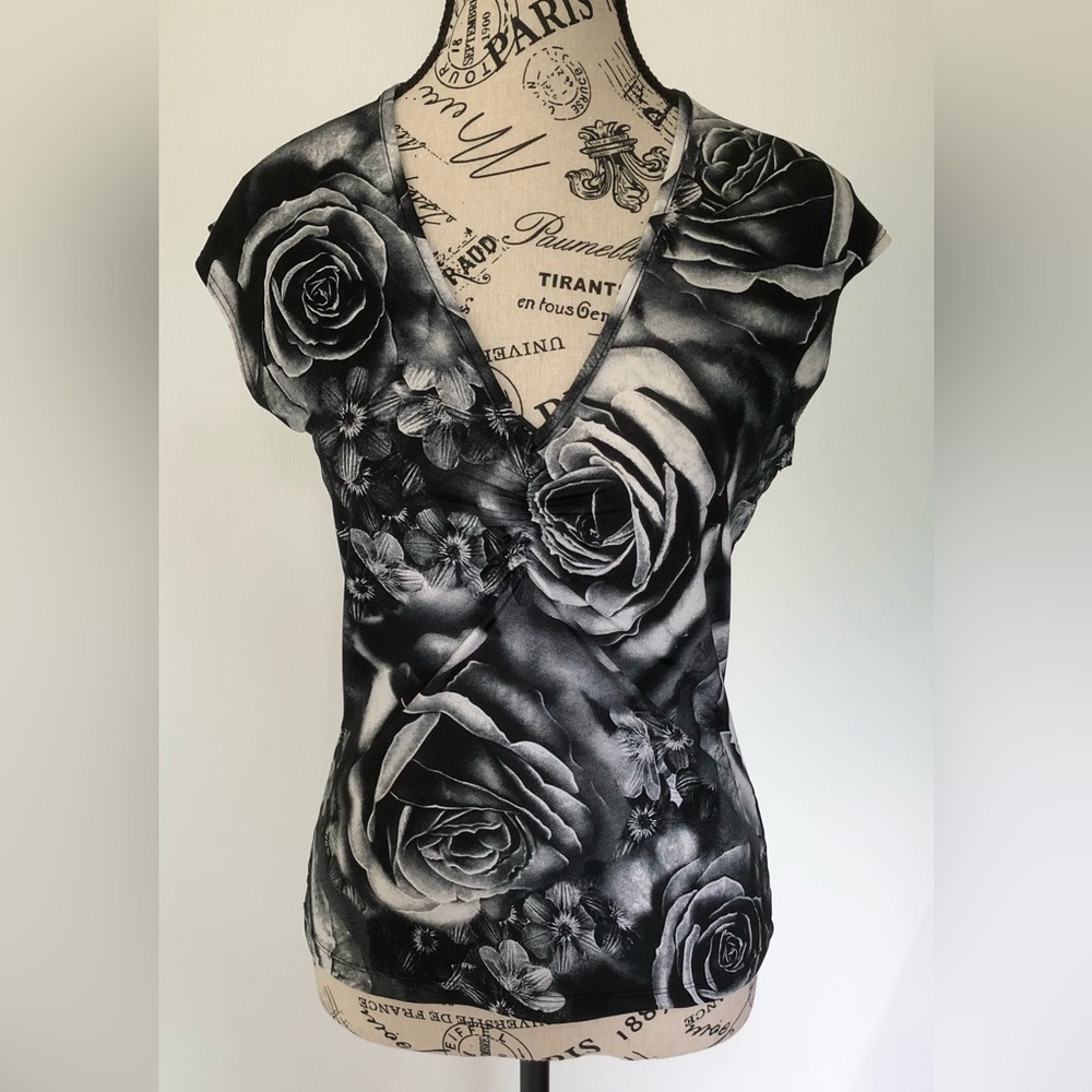 Dynamite Women's Rose Floral V-Neck Blouse, Black and Gray